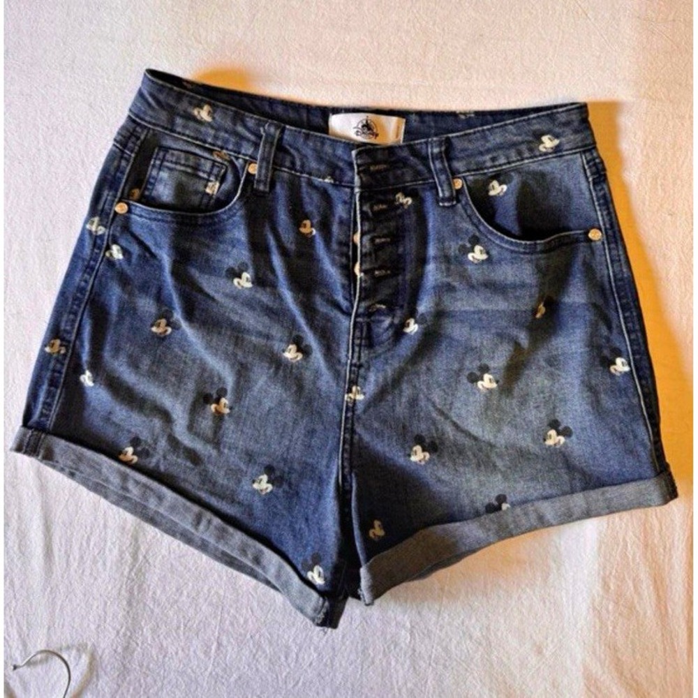 Disney Parks Junior's High Rise Denim Shorts Mickey Mouse All-Over Print XL